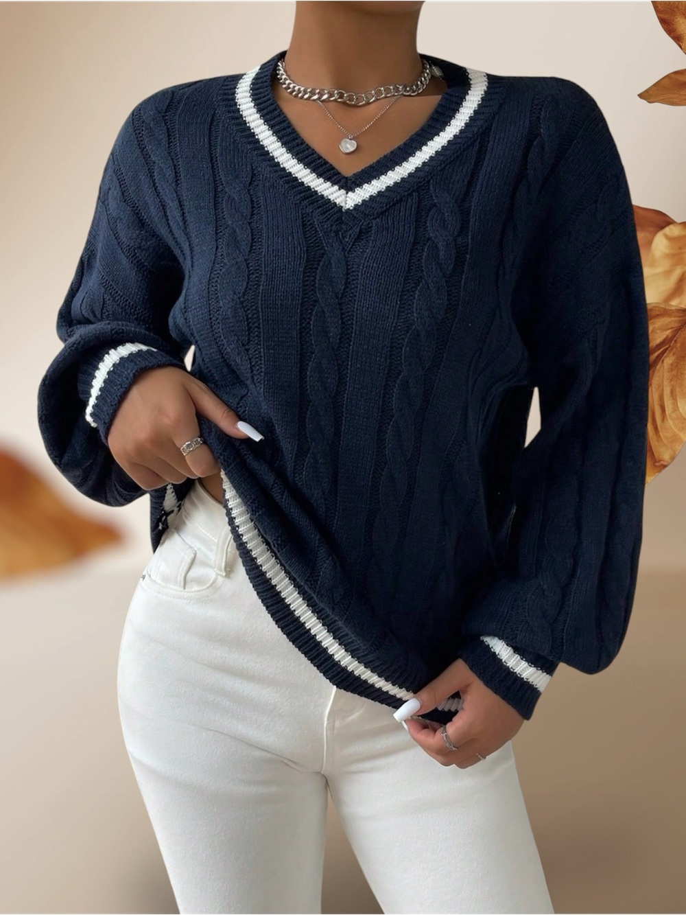Navy Cable Knit V-Neck Sweater with White Trim
